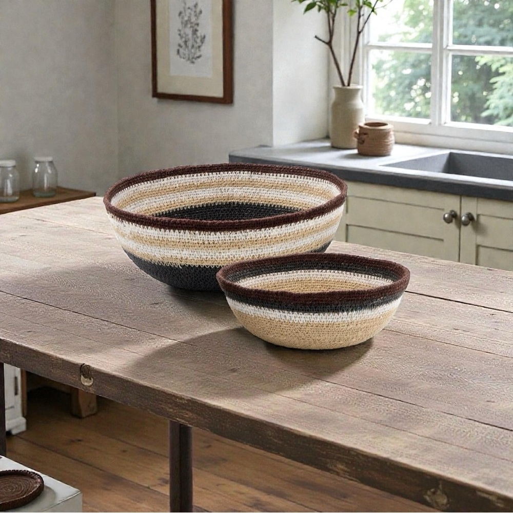 47th and Main Seagrass Bowls Set of 2 Neutral Striped Boho Home Decor New
